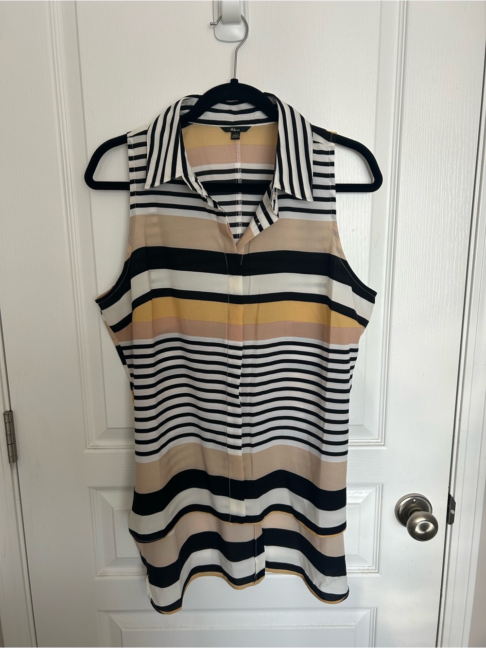 Milano Sleeveless Striped Collared Tank — Black, White, Tan & Yellow